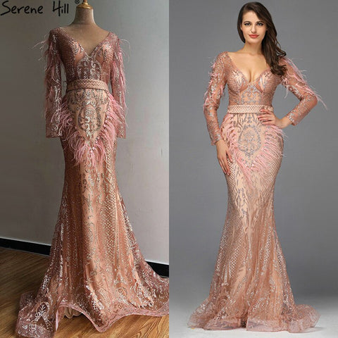 On Sale No Return No Refund Sale Dubai Rose Gold Mermaid Sexy Evening Dresses 2025 Luxury Feathers Beading Sparkle Formal Dress LA60902