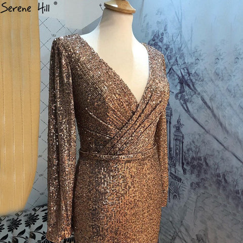 Robe de soirée à paillettes or rose, col en V, manches longues, luxueuse, scintillante, LA60970, 2025 