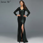 On Sale No Return No Refund Dubai Rose Gold Sequined V-Neck Evening Dresses 2025 Luxury Long Sleeves Sparkle Formal Dress LA60970