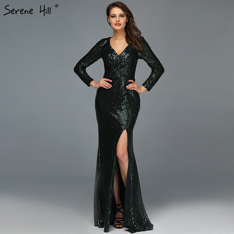 On Sale No Return No Refund Dubai Rose Gold Sequined V-Neck Evening Dresses 2025 Luxury Long Sleeves Sparkle Formal Dress LA60970