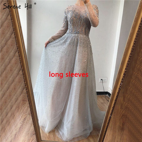 Vestidos de noche de manga larga color gris plata de Dubái 2025. Diseño de vestido formal sexy de línea A de lujo LA60869 
