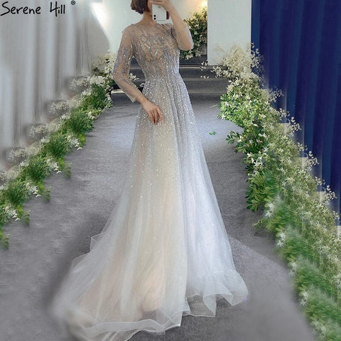 Vestidos de noche de manga larga color gris plata de Dubái 2025. Diseño de vestido formal sexy de línea A de lujo LA60869 