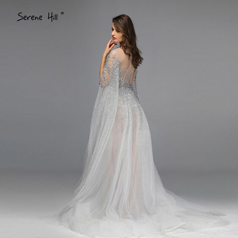 Vestidos de noche de manga larga color gris plata de Dubái 2025. Diseño de vestido formal sexy de línea A de lujo LA60869 