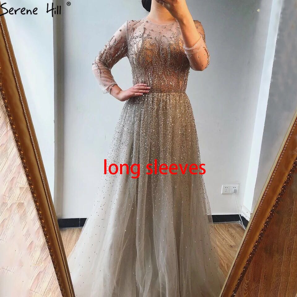 Dubai Silver Grey Long Sleeves Evening Dresses 2025 Luxury A-Line Sexy Fromal Dress Design LA60869