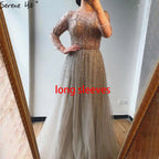 Dubai Silver Grey Long Sleeves Evening Dresses 2025 Luxury A-Line Sexy Fromal Dress Design LA60869