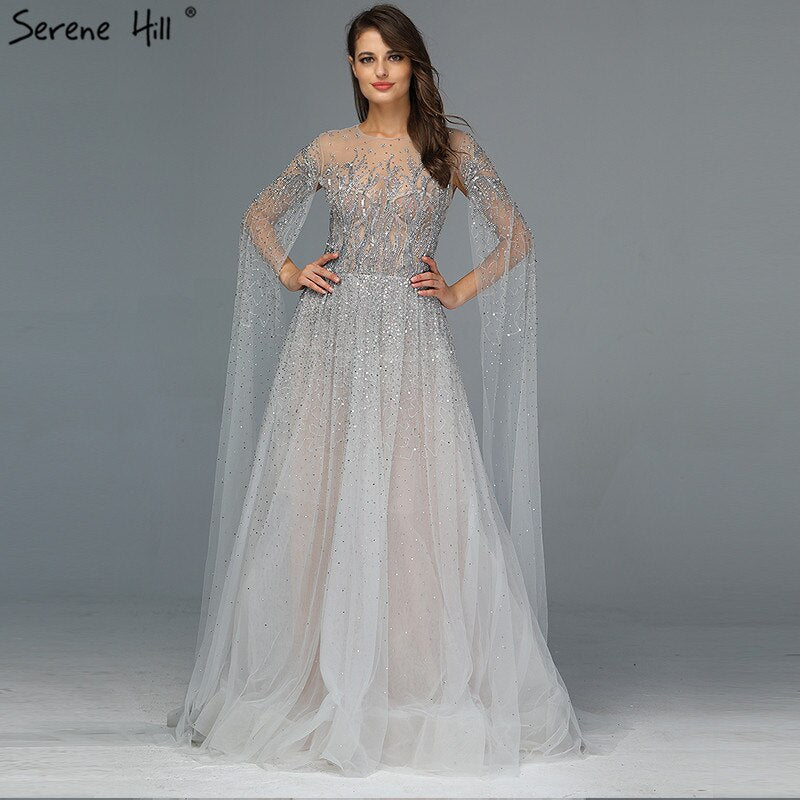Dubai Silver Grey Long Sleeves Evening Dresses 2025 Luxury A-Line Sexy Fromal Dress Design LA60869