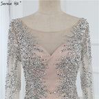 Dubai Silver O-Neck Mermaid Evening Dresses Design 2025 Luxury Long Sleeves Sequins Beading Evening Gown LA70249