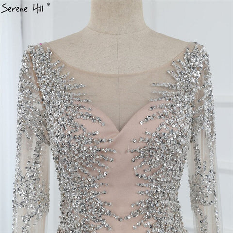 Dubai Silver O-Neck Mermaid Evening Dresses Design 2025 Luxury Long Sleeves Sequins Beading Evening Gown LA70249