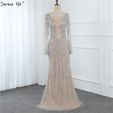 Dubai Silver O-Neck Mermaid Evening Dresses Design 2025 Luxury Long Sleeves Sequins Beading Evening Gown LA70249
