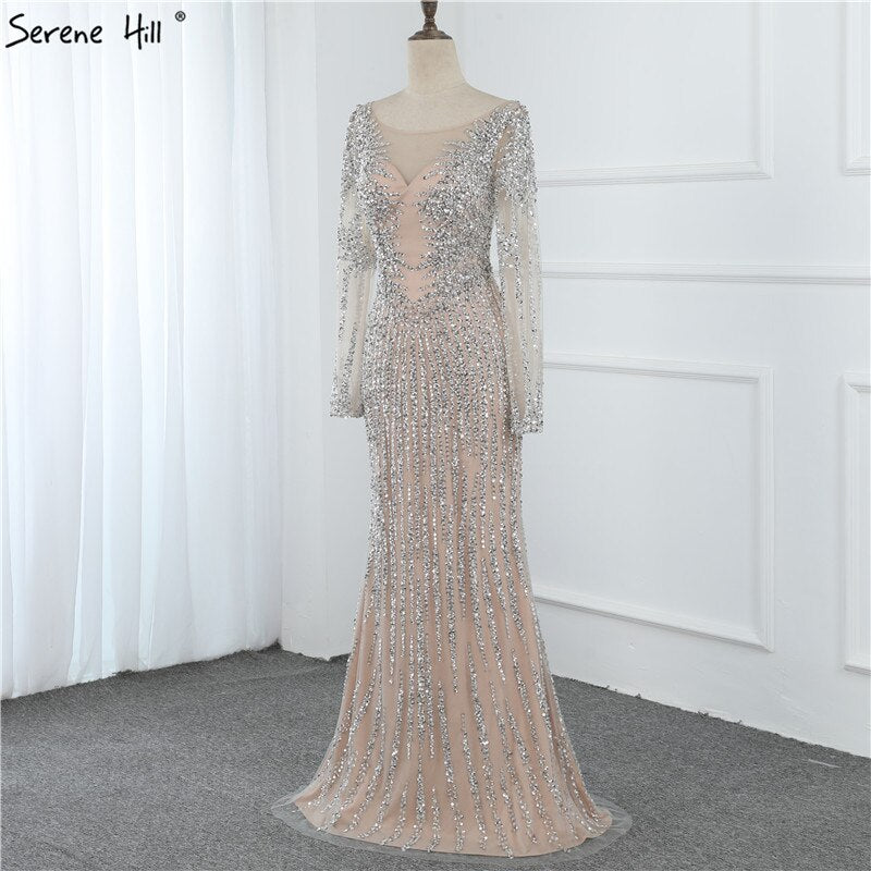 Dubai Silver O-Neck Mermaid Evening Dresses Design 2025 Luxury Long Sleeves Sequins Beading Evening Gown LA70249