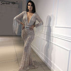 On Sale no return no refundSale Dubai Silver V-Neck Tassel Beading Mermaid Evening Dresses 2025 Long Sleeve  Luxury Sexy Evening Gowns LA60770