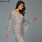 On Sale no return no refundSale Dubai Silver V-Neck Tassel Beading Mermaid Evening Dresses 2025 Long Sleeve  Luxury Sexy Evening Gowns LA60770