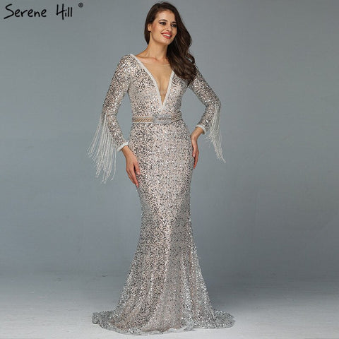 En oferta, sin devoluciones ni reembolsos. Vestidos de noche de sirena plateados con escote en V, borlas y cuentas, estilo Dubai, colección 2025. Vestidos de noche de lujo, sexis y de manga larga. LA60770 