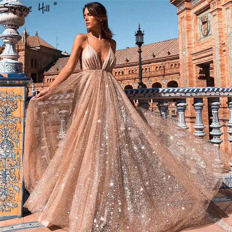 Dubai V-Neck Backless Glitter Sexy  Prom Dresses Champagne Vintage Beach Evening Gowns 2025 LA60752