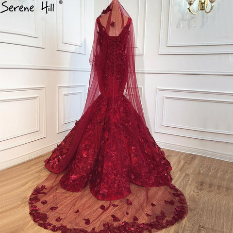 Dubai Wein Rot Sexy Ärmellose Brautkleider 2025 Meerjungfrau Handgemachte Blumen Perlen Braut Kleider HM67110 Nach Maß 