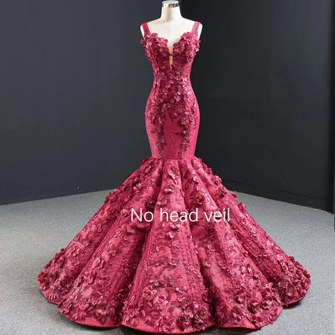Dubai Wein Rot Sexy Ärmellose Brautkleider 2025 Meerjungfrau Handgemachte Blumen Perlen Braut Kleider HM67110 Nach Maß 
