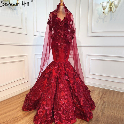 Dubai Wein Rot Sexy Ärmellose Brautkleider 2025 Meerjungfrau Handgemachte Blumen Perlen Braut Kleider HM67110 Nach Maß 