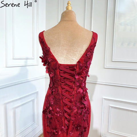 Dubai Wein Rot Sexy Ärmellose Brautkleider 2025 Meerjungfrau Handgemachte Blumen Perlen Braut Kleider HM67110 Nach Maß 