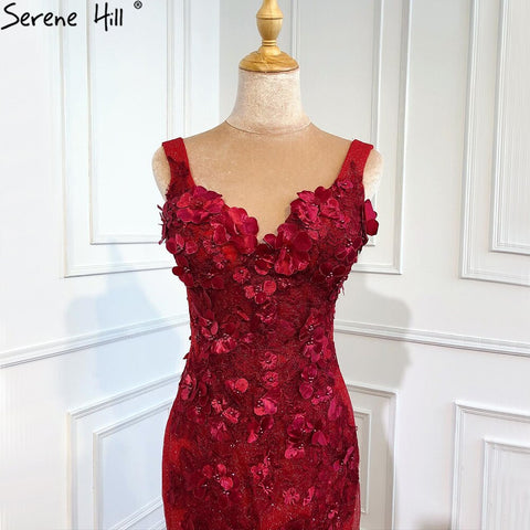 Dubai Wein Rot Sexy Ärmellose Brautkleider 2025 Meerjungfrau Handgemachte Blumen Perlen Braut Kleider HM67110 Nach Maß 