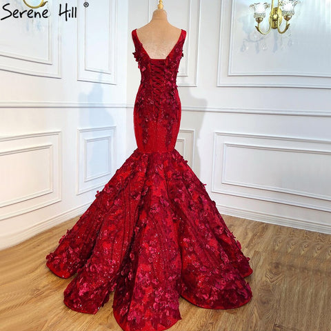 Dubai Wein Rot Sexy Ärmellose Brautkleider 2025 Meerjungfrau Handgemachte Blumen Perlen Braut Kleider HM67110 Nach Maß 
