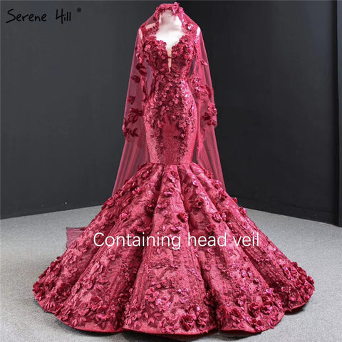 Dubai Wein Rot Sexy Ärmellose Brautkleider 2025 Meerjungfrau Handgemachte Blumen Perlen Braut Kleider HM67110 Nach Maß 