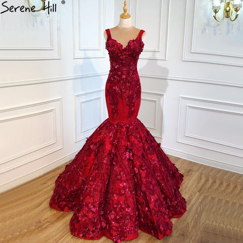 Dubai Wein Rot Sexy Ärmellose Brautkleider 2025 Meerjungfrau Handgemachte Blumen Perlen Braut Kleider HM67110 Nach Maß 