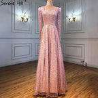 Dubai White A-Line Sexy Luxury Evening Dresses 2025 Beading Long Sleeve Sexy Formal Dress LA70271