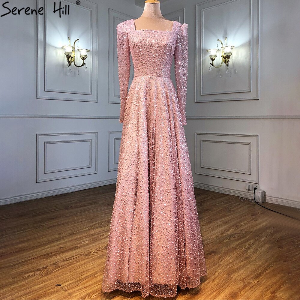 Dubai White A-Line Sexy Luxury Evening Dresses 2025 Beading Long Sleeve Sexy Formal Dress LA70271