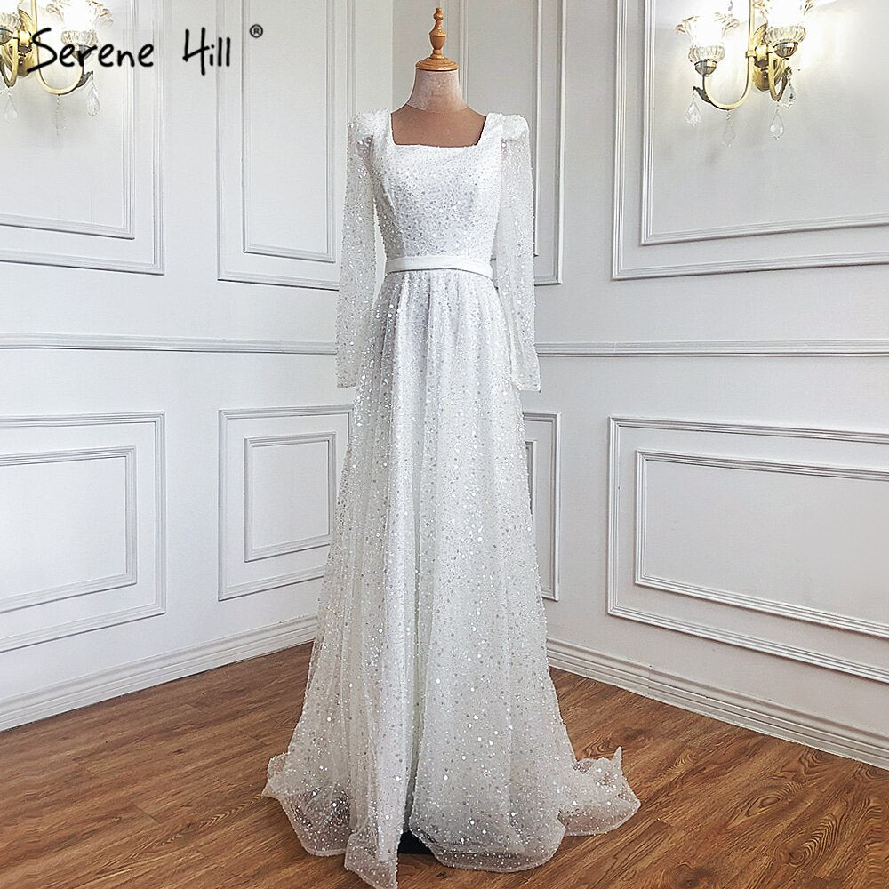 Dubai White A-Line Sexy Luxury Evening Dresses 2025 Beading Long Sleeve Sexy Formal Dress LA70271