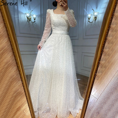 Vestido de noche sexy de lujo corte A blanco de Dubái 2025, vestido formal sexy de manga larga con cuentas LA70271 