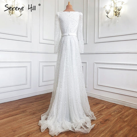Vestido de noche sexy de lujo corte A blanco de Dubái 2025, vestido formal sexy de manga larga con cuentas LA70271 