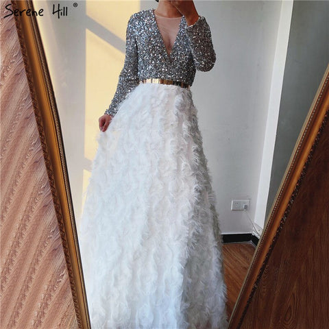 Dubai White Long Sleeves Luxury Evening Dresses 2025 V-Neck Sexy Sequined Tiered Evening Gowns LA6574