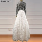 Dubai White Long Sleeves Luxury Evening Dresses 2025 V-Neck Sexy Sequined Tiered Evening Gowns LA6574