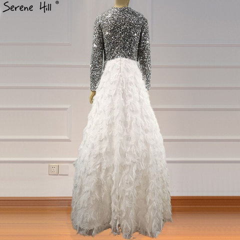 Dubai White Long Sleeves Luxury Evening Dresses 2025 V-Neck Sexy Sequined Tiered Evening Gowns LA6574