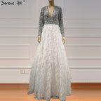 Dubai White Long Sleeves Luxury Evening Dresses 2025 V-Neck Sexy Sequined Tiered Evening Gowns LA6574
