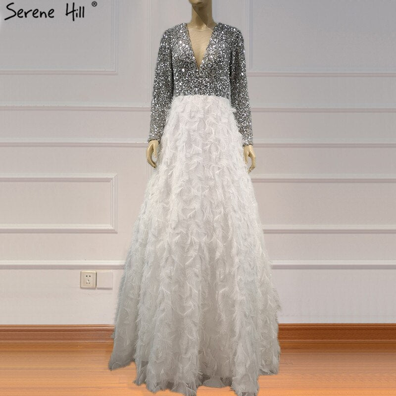 Dubai White Long Sleeves Luxury Evening Dresses 2025 V-Neck Sexy Sequined Tiered Evening Gowns LA6574