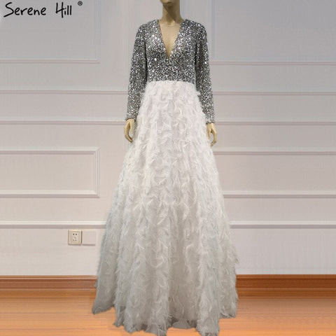 Dubai White Long Sleeves Luxury Evening Dresses 2025 V-Neck Sexy Sequined Tiered Evening Gowns LA6574