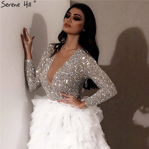 Dubai White Long Sleeves Luxury Evening Dresses 2025 V-Neck Sexy Sequined Tiered Evening Gowns LA6574