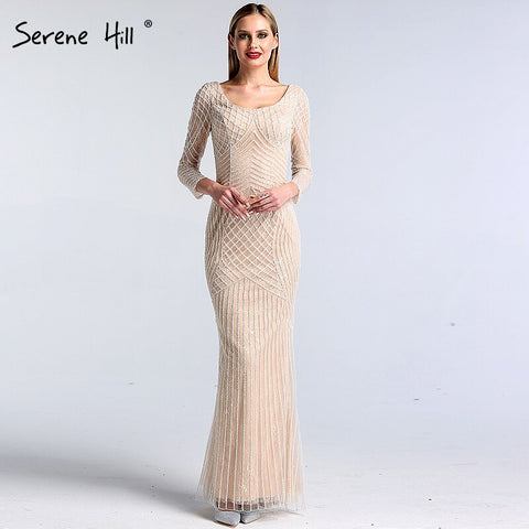 On Sale No Return No Refund Sale Dubai White Nude Luxury Long Sleeves Evening Dresses 2025 Latest Design Full Beading Mermaid Formal Dress LA60958