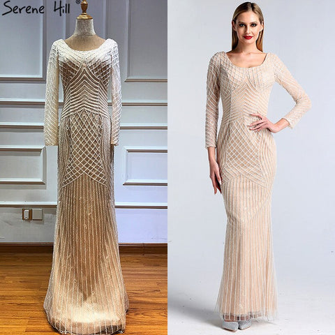On Sale No Return No Refund Sale Dubai White Nude Luxury Long Sleeves Evening Dresses 2025 Latest Design Full Beading Mermaid Formal Dress LA60958