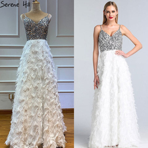 Robe de soirée de luxe blanche à col en V et dos nu, sans manches, à paillettes et à volants, modèle Dubaï, LA60955, 2025 