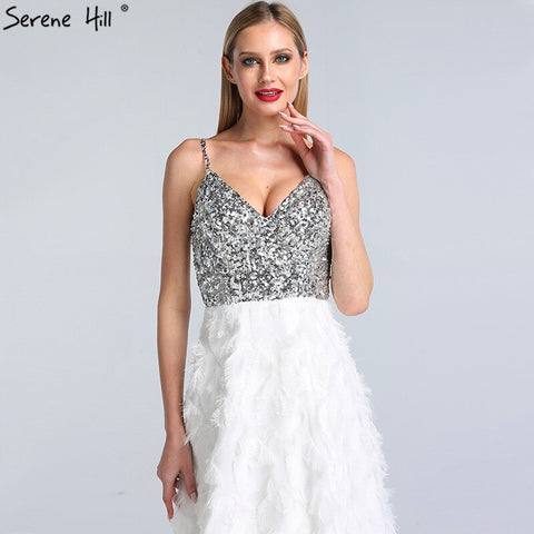 Robe de soirée de luxe blanche à col en V et dos nu, sans manches, à paillettes et à volants, modèle Dubaï, LA60955, 2025 