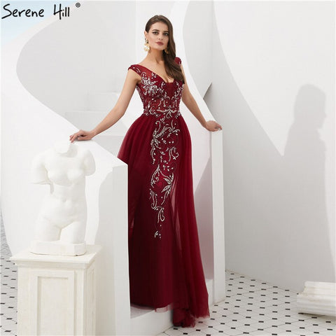 Sale Dubai Wine Red Crystal Beading Evening Dresses 2025 Backless Sexy Mermaid Fromal Evening Gowns LA60805