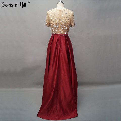 On Sale No Return No Refund Dubai Wine Red Short Sleeves Evening Dresses Design 2025 Satin Sequined Beading Beach Evening Gowns LA60740