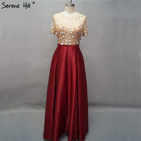 On Sale No Return No Refund Dubai Wine Red Short Sleeves Evening Dresses Design 2025 Satin Sequined Beading Beach Evening Gowns LA60740