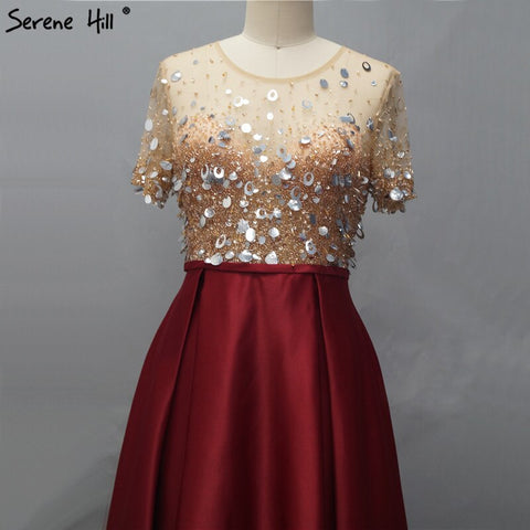 On Sale No Return No Refund Dubai Wine Red Short Sleeves Evening Dresses Design 2025 Satin Sequined Beading Beach Evening Gowns LA60740
