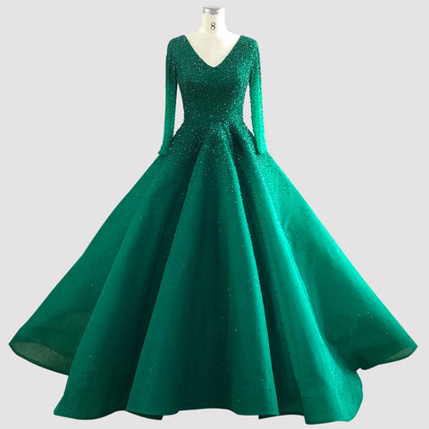 Vestidos de noche de lujo, sexis, de color rojo vino tinto, con escote en V, manga larga y cristales, diseño LA70272 (2025). 