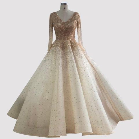 Vestidos de noche de lujo, sexis, de color rojo vino tinto, con escote en V, manga larga y cristales, diseño LA70272 (2025). 