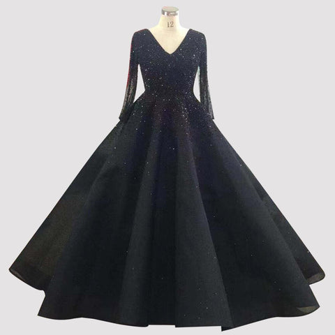 Vestidos de noche de lujo, sexis, de color rojo vino tinto, con escote en V, manga larga y cristales, diseño LA70272 (2025). 