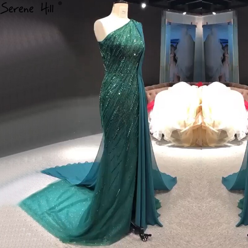 Dubai green One Shoulder Luxury Evening Dresses Mermaid Beading Suiqns Sparkle Formal Dress 2025 LA70515